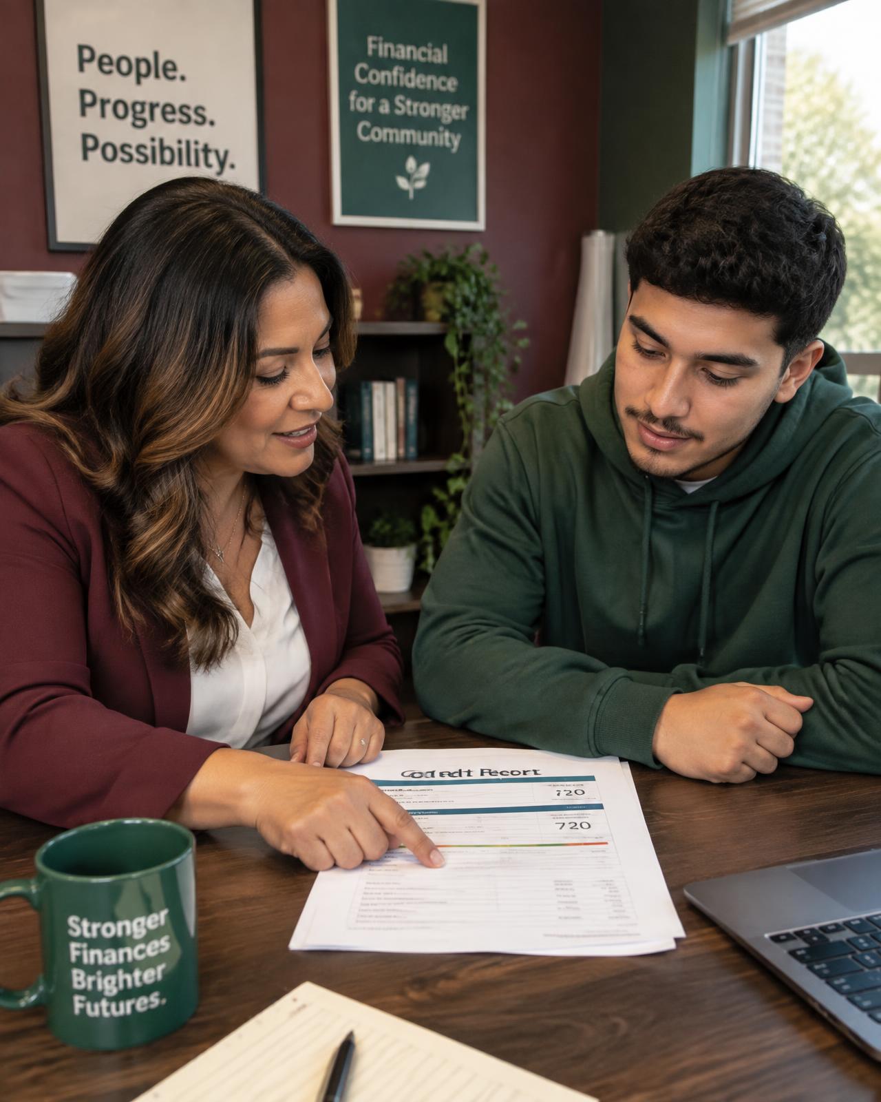 A Shepherd's Gate educator reviewing a credit report with a young adult
