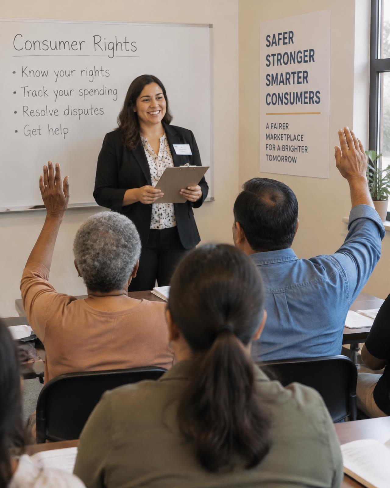 Community members taking part in a consumer rights education class